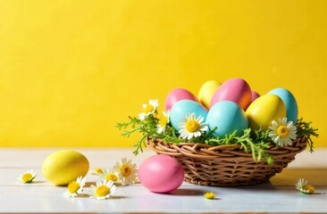 Obraz premium Easter composition with a wicker basket filled with colored eggs and daisies on a yellow background.