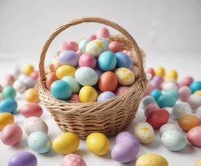 A basket filled with colorful Easter eggs on a white background, egg storage, colorful packaging , white background