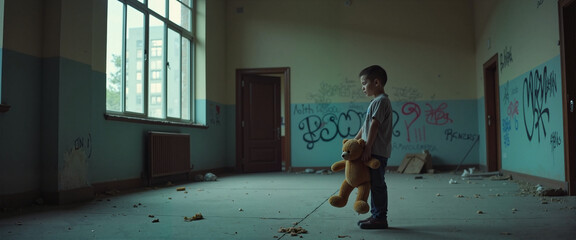 Child standing alone holding teddy bear in abandoned building, solitude