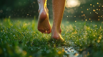 A close-up of bare feet stepping onto cool grass, dew glistening in the morning light, evoking a sense of connection to nature and tranquility