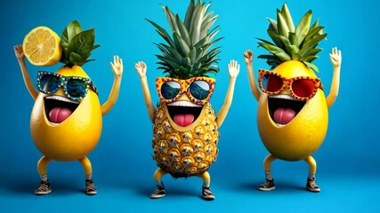 Colorful fruit characters celebrate joyfully on a vibrant blue background with fun sunglasses during a playful summer vibe