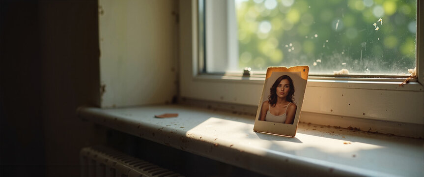 Fading photograph of a loved one on windowsill, memories and nostalgia