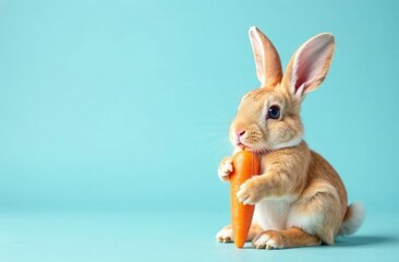 Fototapeta premium Banner. Cute bunny with orange carrots on a blue background with space for an inscription. Easter concept.