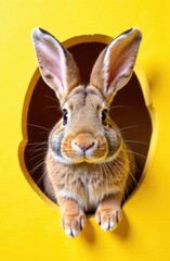 A rabbit crawls out of a hole in a yellow wall. Easter concept.