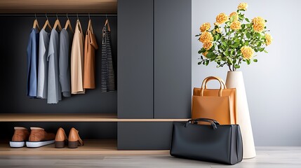Stylish and Organized Dressing Room with Built in Shelves Hanging Clothes and a Vase of Vibrant Flowers Adding a Touch of Elegance to the Minimalist Interior Design