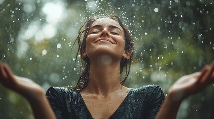 Obraz premium A person standing in the rain with their face tilted upward, eyes closed and arms spread wide, water droplets sparkling in the soft afternoon light, evoking carefree joy
