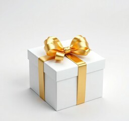 A beautifully crafted white gift box adorned with a delicate golden ribbon in a simple yet elegant bow shape, present, premium product, simple elegance