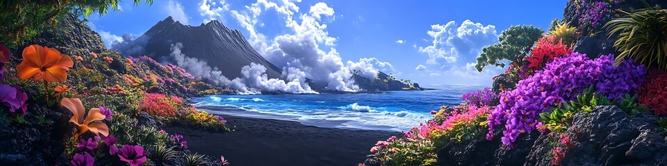 A volcanic island with a black sand beach, steaming craters, and vivid tropical flowers