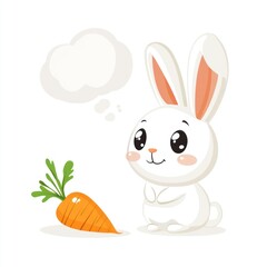 Fototapeta premium Cute bunny contemplates carrot; white background, children's book illustration