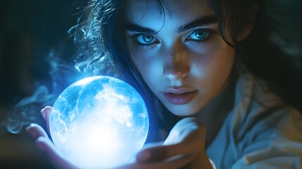 Naklejka premium A woman holding a glowing crystal sphere, her face partially lit by its soft blue light, with her other hand hovering hesitantly above its surface, evoking mystery
