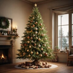 A beautifully decorated Christmas tree with a natural color palette and organic elements, earthy decor, wildflower decorations