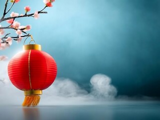 Obraz premium Red Lantern Softly Glows Serene Spring Blossoms Teal Background. AI Generated