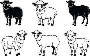 Cute Sheep set vector illustration, Cute Sheep silhouette vector, Cute Sheep line art vector design