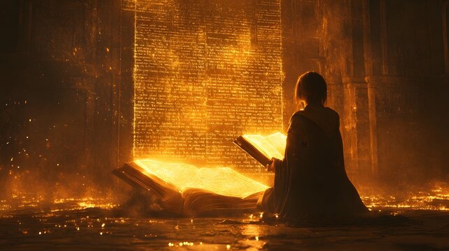 A person kneeling in front of an ancient book, its pages glowing faintly with cryptic symbols, their face lit by the soft golden glow, immersed in a moment of awe