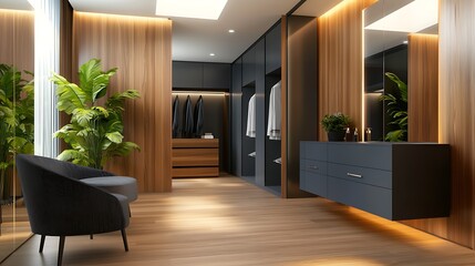 This image showcases a modern minimalist dressing room with abundant natural light sleek wooden furnishings and ample storage solutions  The room s design emphasizes organization style