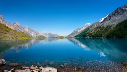 serene mountain lake with clear blue sky