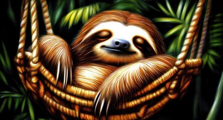 Sleepy sloth resting peacefully in a hammock amidst lush green foliage.