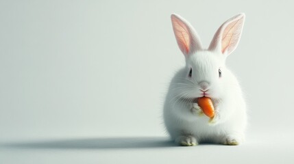 Obraz premium A fluffy white rabbit with pink-tinted ears sitting in the center, holding a small carrot in its paws, and surrounded by subtle shadows for depth on the white backdrop.