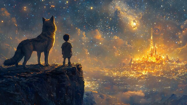 A boy and his wolf companion standing on the edge of a cliff, gazing at a distant glowing city beneath a star-filled sky