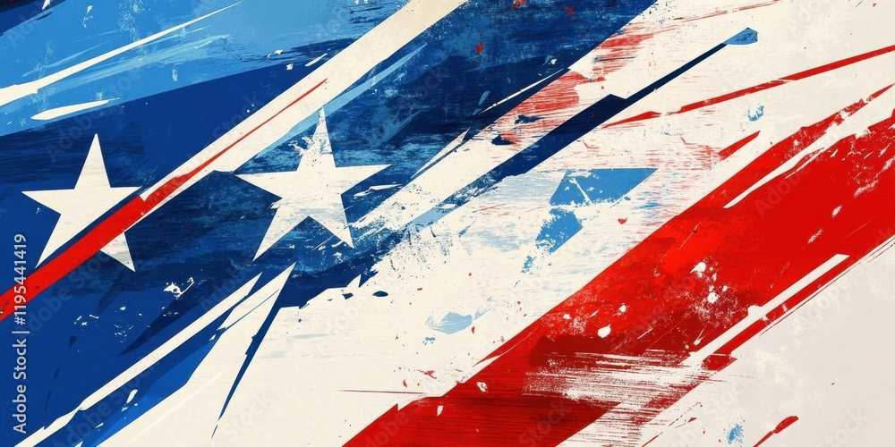 Poster bold colors intertwine in a striking abstract pattern featuring stars and stripes, evoking a sense o