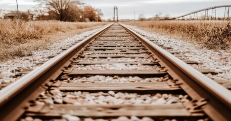 Railroad tracks vanishing into the autumn horizon.
