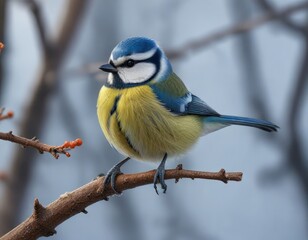 Naklejka premium A blue tit on a branch of a bare tree in cold weather, tree, winter, icy
