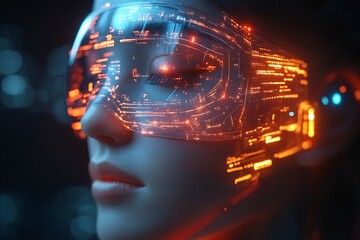 Woman wearing futuristic HUD glasses with digital overlay.