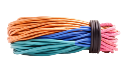 A colorful bundle of cords with a black and pink cord in the middle