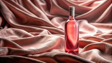 A bottle of rose-colored liquid slowly drips onto a soft, plush velvet background, velvet, artistic, fabric, pink