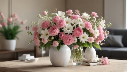 A bouquet of pink and white flowers in a vase on a coffee table, lovely arrangement, fresh cut flowers