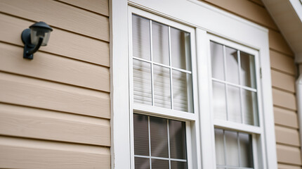 Fototapeta premium Elegant Home Exterior: Vinyl Siding, White Window Design, and Exterior Lighting