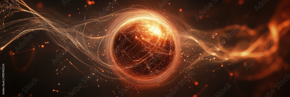 Poster digital globe surrounded by flowing lines and points showcasing interconnectedness and energy dynami