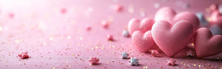 Obraz premium A soft pink backdrop with hearts and stars, ideal for baby showers, romantic events, or women's day celebrations.