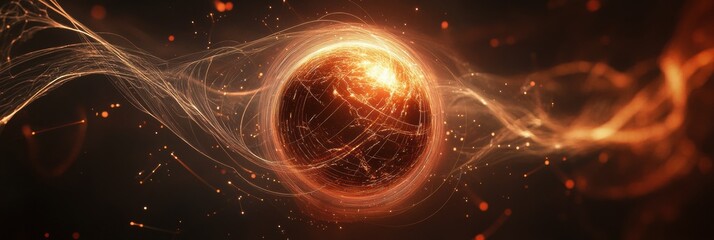 Digital globe surrounded by flowing lines and points showcasing interconnectedness and energy dynamics in a modern design. Generative AI