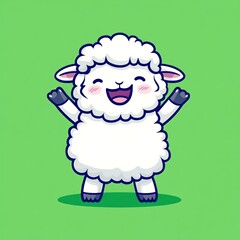 Obraz premium Joyful white sheep with raised arms on a plain green background, use children's books