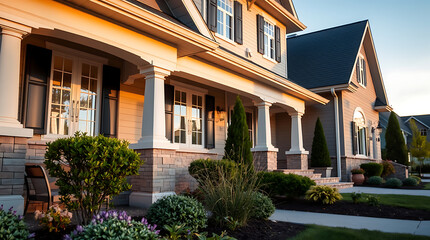 Fototapeta premium Luxury House Exterior at Sunset: Dream Home Architecture, Landscaping, and Real Estate