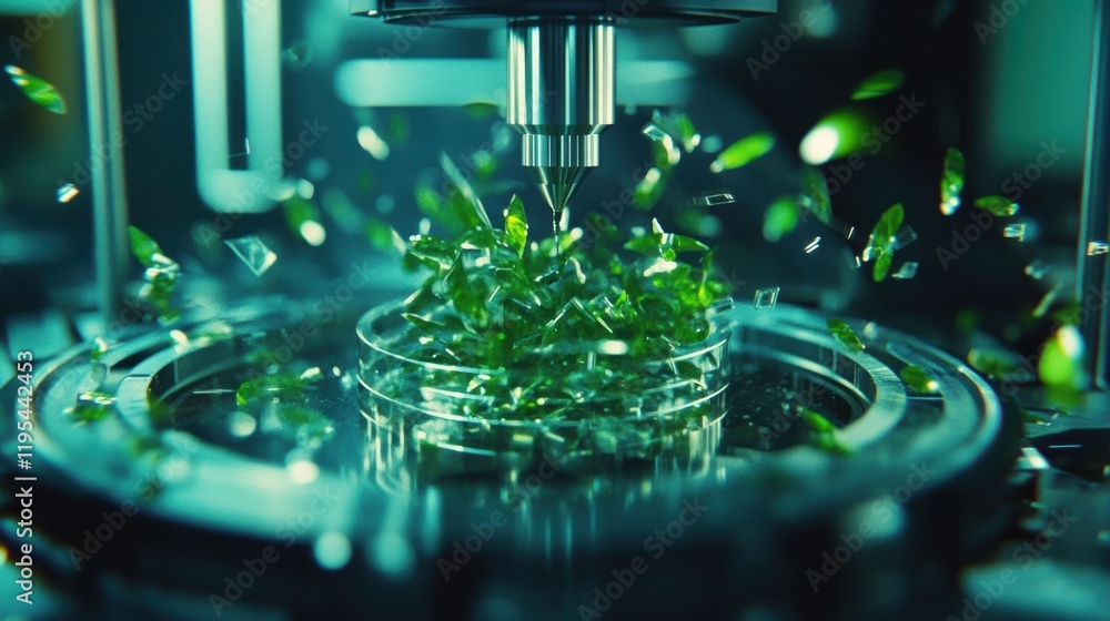 Poster closeup of a precision cnc machine surrounded by biodegradable and recyclable materials showcasing a