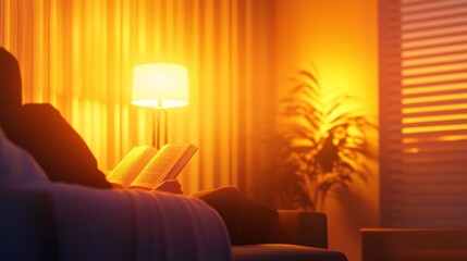 A cozy reading nook illuminated by warm light, featuring a book and a plant.