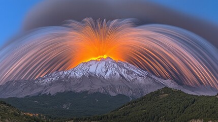 Majestic volcano erupting with vibrant lava and dramatic sky at twilight.