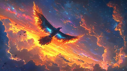 A boy flying through a vibrant sky on a giant eagle with glowing wings, their journey framed by colorful clouds