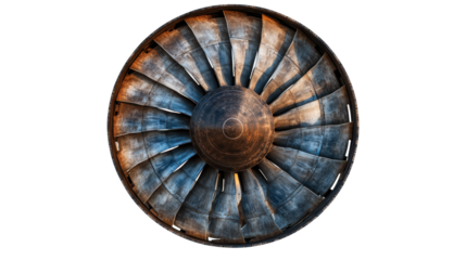 A large, old, rusted engine fan with a blue and silver color scheme