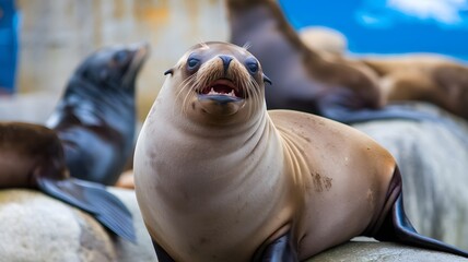 Fototapeta premium A seal is currently laying on a large rock with its mouth open wide
