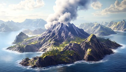A volcanic island with rugged terrain and smoke gently rising from its peak