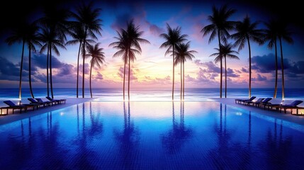Obraz premium Tranquil sunset over oceanfront infinity pool with palm trees.