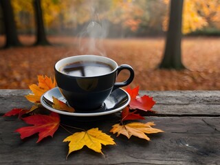 Warm Cup of Coffee with Autumn Leaves in a Serene Forest Setting