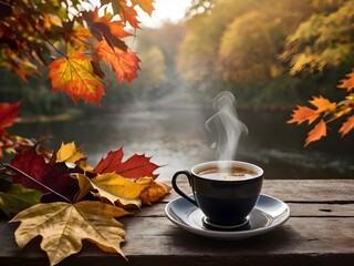 Cup of Coffee on a Rustic Table in a Serene Autumn Setting