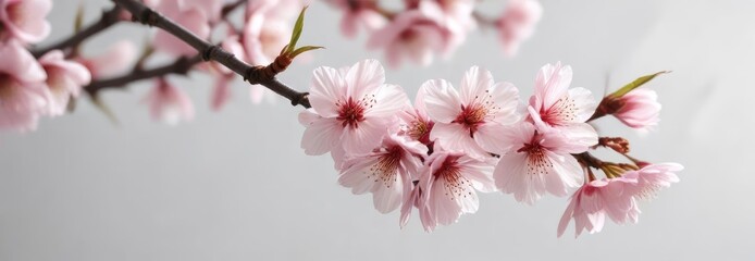 Obraz premium A delicate cherry blossom unfolding its petals against a soft white background on a slender branch, petals, flower, spring