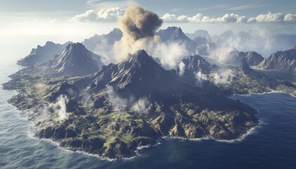 A volcanic island with rugged terrain and smoke gently rising from its peak