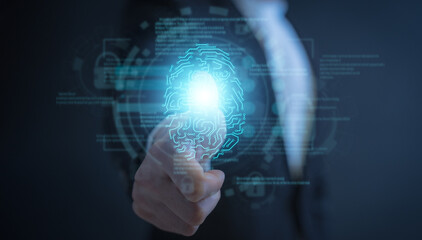 person scanning fingerprint and biometric authentication, cybersecurity use password and cybernetics. System required to identifying user to access to documents data security  from hackers and scammer