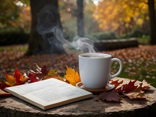 Warm Autumn Morning with Coffee and Book in Cozy Outdoor Settings